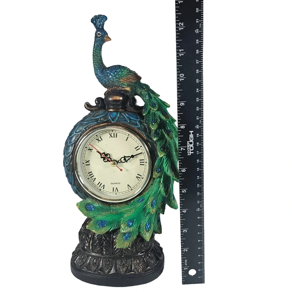 Cracker Barrel Peacock Table Clock Jeweled Resin Figurine Tested Works Ornate